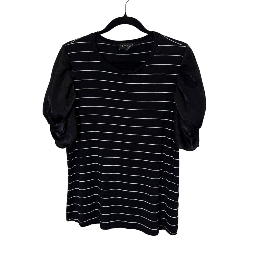 Laundry by Shelli Segal Black White Striped Women's Top w Satin Sleeves sz L